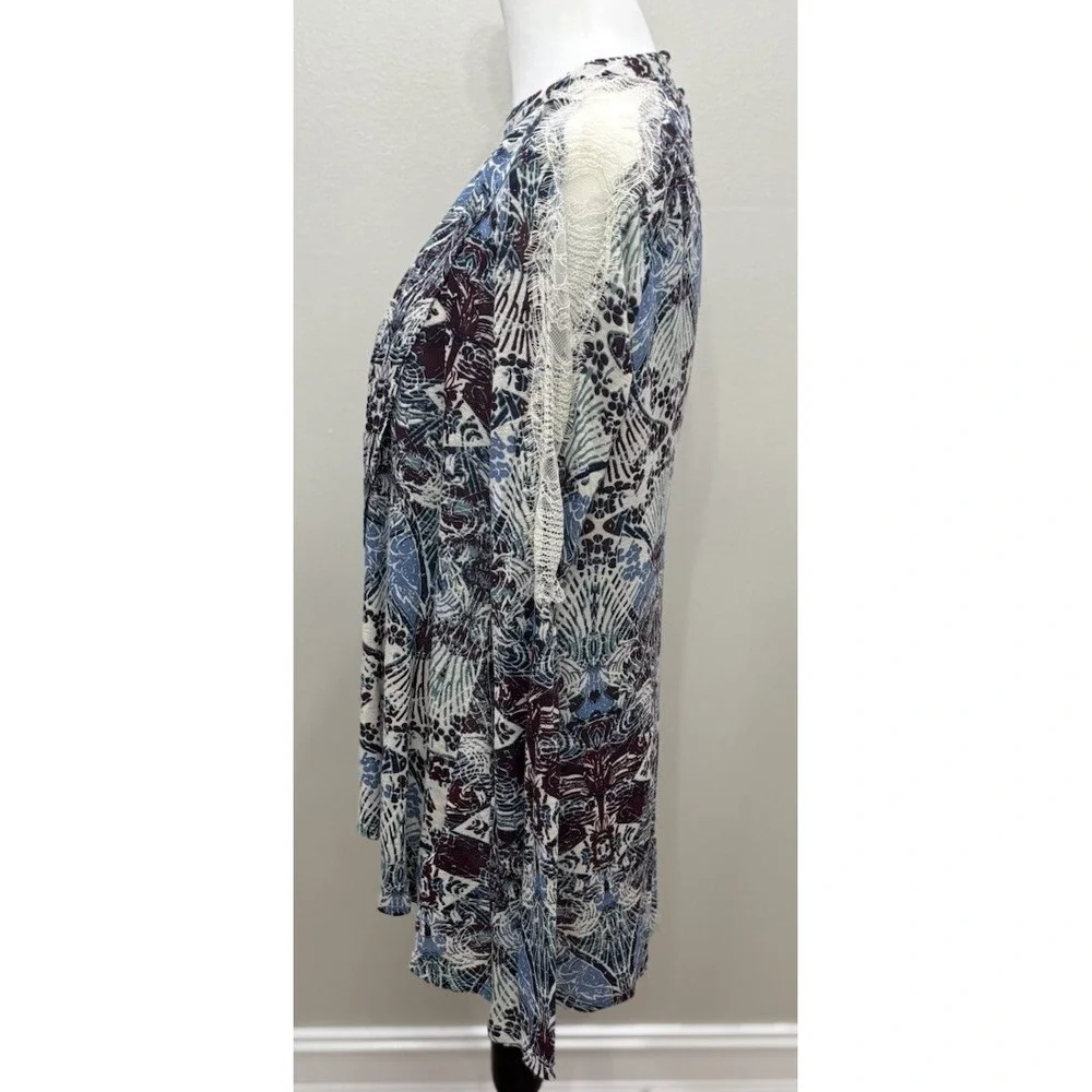 Free People Women M Linen Blend Top Blue Black Open Back Lace Boho Oversized NEW